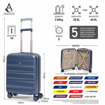 Aerolite Erweiterbares Handgepäck 55x40x20 cm auf 55x40x23 cm – Ryanair Priority, Lufthansa, Wizz Air Priority, Lufthansa Maximalgröße – Leichter Hartschalen-Kabinenkoffer mit 4 Rollen (BLAU)